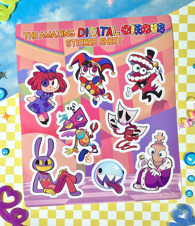 May include: A sticker sheet featuring a variety of colorful cartoon characters with the text "The Amazing Digital Circus Sticker Sheet". The characters include a jester, a robot, a ghost, a king, a rabbit, a monster with teeth, and a doll.