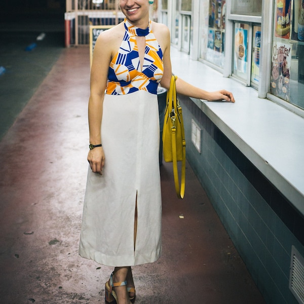 Mod 1960's/1970's Maxi Halter Polyester White, Blue and Orange Geometric Pattern Front Slip Keyhole Dress Small