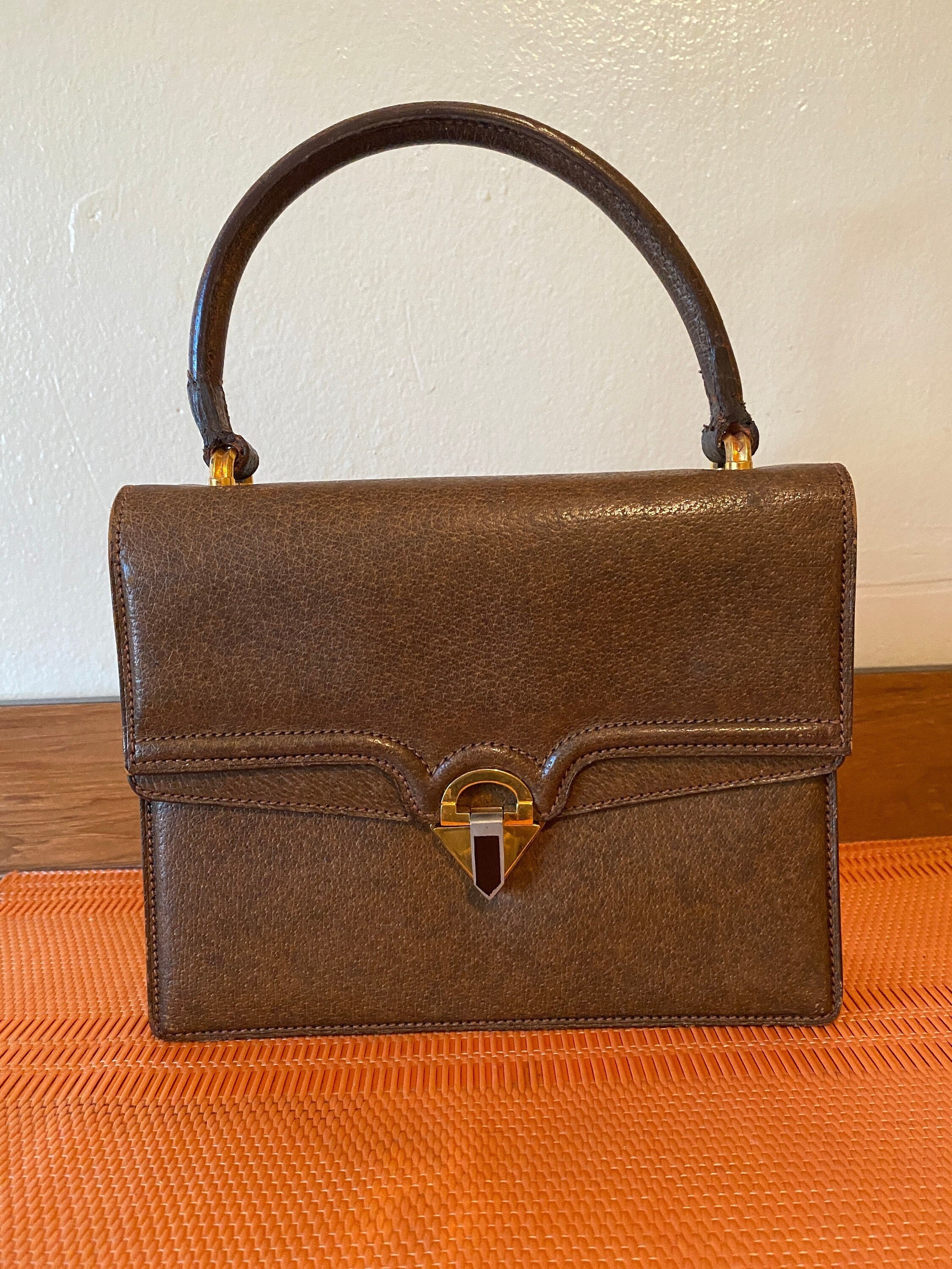 Stunning 1950's Brown Leather Gucci Original Handbag Made in Italy Small  Purse Gold Accents