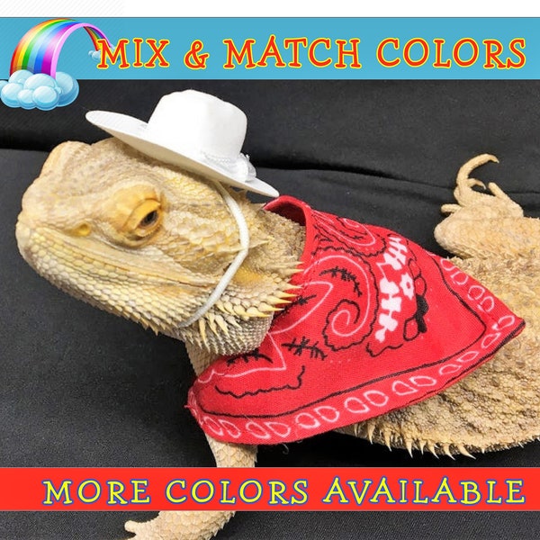 Traje de vaquero/vaquera para dragón barbudo, sombrero de vaquero/vaquera blanco, Bandana roja, ropa de disfraz de dragón barbudo de reptil