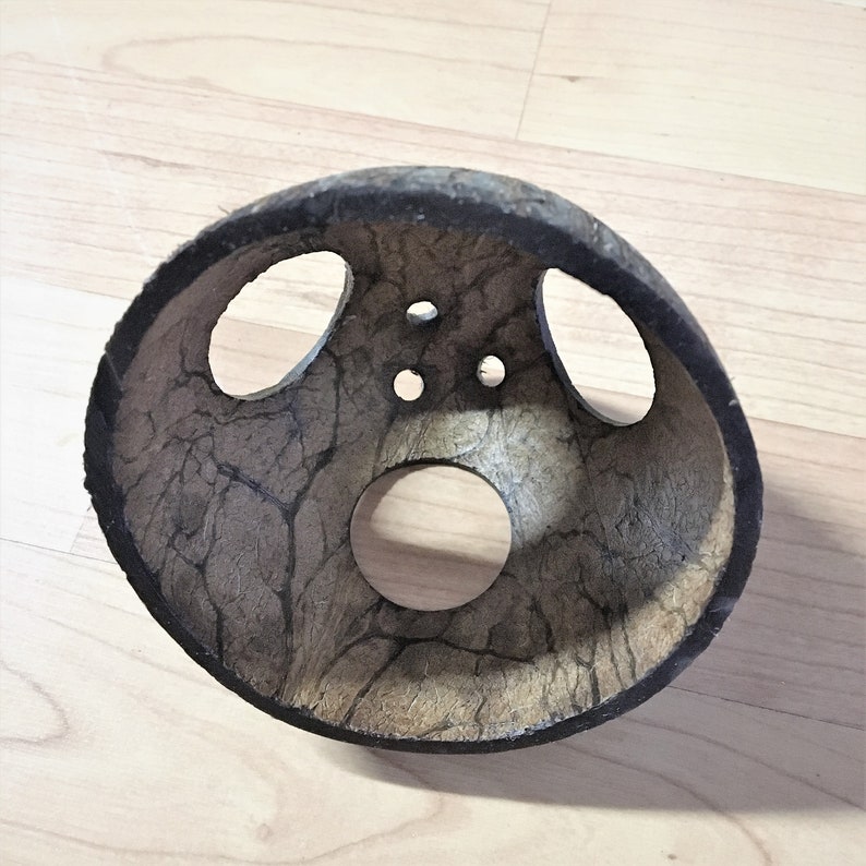 May include: A brown coconut shell with three round holes cut out of it. The shell has a natural, textured surface.