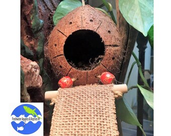 Reptile hide / cave  Coconut Hide / Cave with Burlap Bridge and Drum Wood Barrel Beads small pet hide Reptile Tank Decor