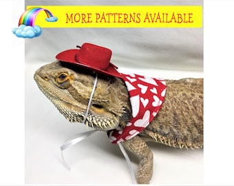 Reptile Cowboy / Cowgirl Hat with Bandanna for  Bearded Dragon Attire Clothes Reptile Valentines Hat and Bandanna