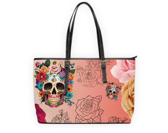 Sugar Skull PU Leather Shoulder Bag, Day of the Dead Handbag, Gothic Crossbody Purse, Skull Print Tote, Halloween Shoulder Bag