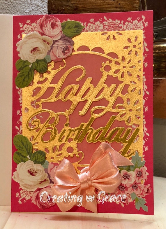 Hot pink Gold Happy Birthday card Etsy