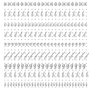May include: A sheet of paper with the letters a through i written in cursive script, each letter repeated multiple times.