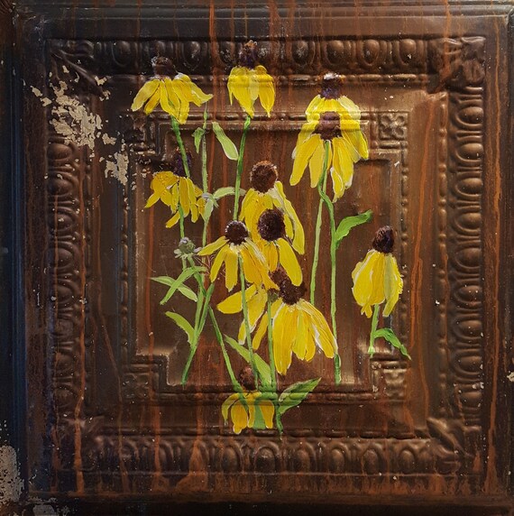 Painting On Vintage Tin Golden Coneflower