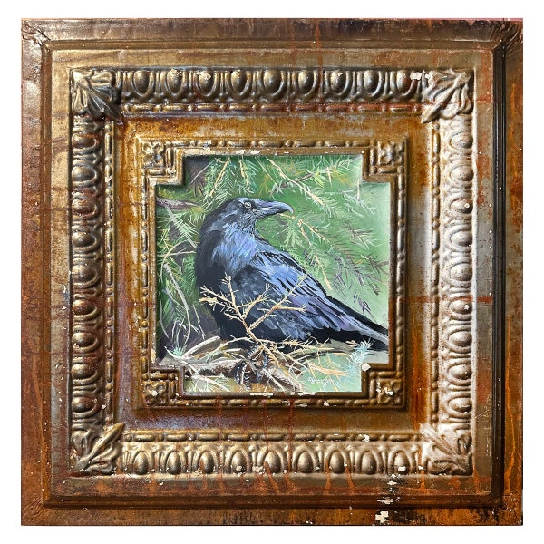 PINE RAVEN  - acrylic painting on vintage ceiling tile