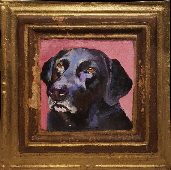 Black Labrador Painting Princess Freyja On Vintage Tin Ceiling Tile