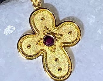 14K Gold Cross With Center Ruby