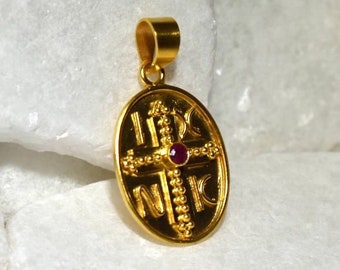 18K Gold Oval Cross Pendant with Center Ruby, Handmade in Greece