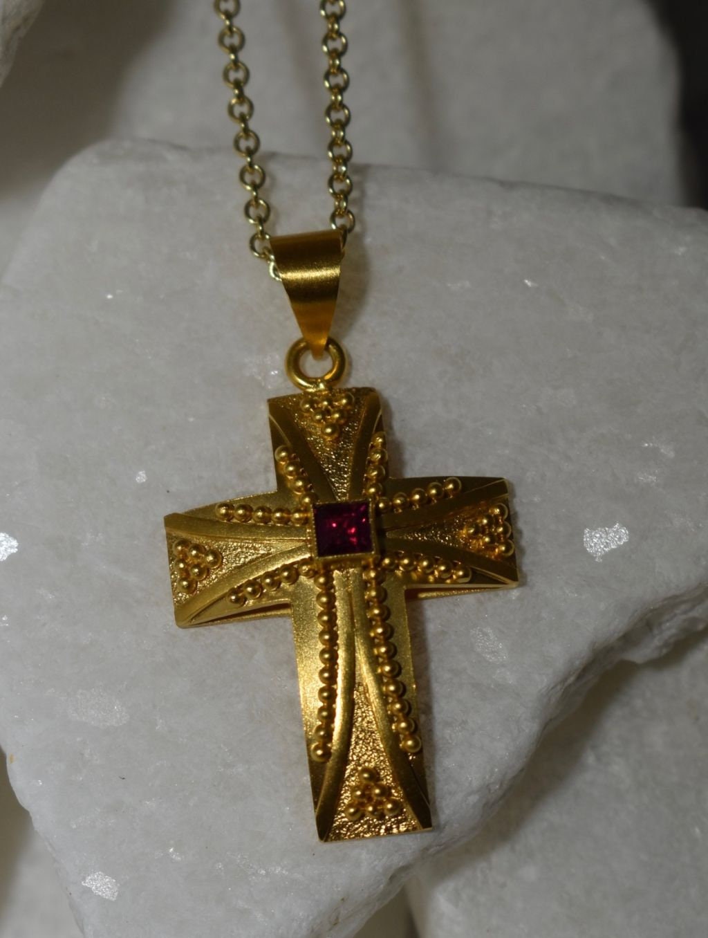 18K Gold Byzantine Style Cross With Center Ruby Handmade in - Etsy