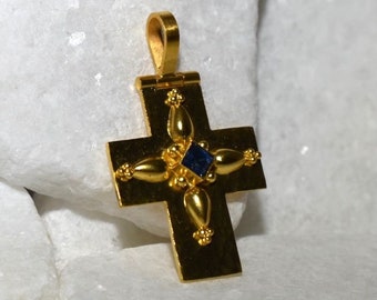 18K Solid Gold Cross Handmade in Greece with Genuine Sapphire