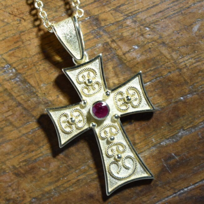 18K Gold Handmade Byzantine Style Cross With Center Ruby - Etsy