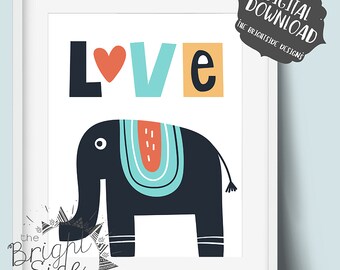 Kärlek; Elefant; Barnväggkonst Utskrivbar; Digital nedladdning