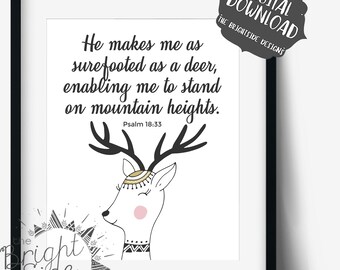 Han gör mig lika säker på foten som en hjort; Psalm 18:33; Utskrivbar väggkonst för barn; Digital nedladdning