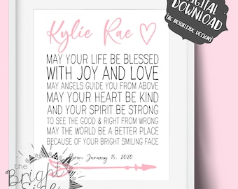 Regalo personalizado del bebé; Dedicación del bebé; Dedicación infantil; Habitación de la niña; Guardería; Oración; Arte de pared de los niños imprimible; Descarga digital