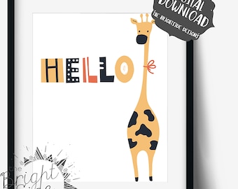 Hej; Giraff; Barnväggkonst, utskrivbar; digital nedladdning