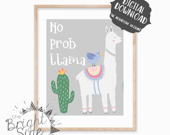No Prob Llama, väggkonst för barn, utskrivbar konst för barnrum, digital nedladdning