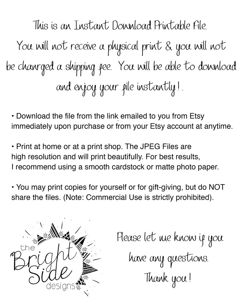 Puede incluir: Un gr&aacute;fico de descarga digital con un dise&ntilde;o de rayos de sol y el texto "the Bright Side designs". Tambi&eacute;n se incluye el texto "Please let me know if you have any questions. Thank you!"