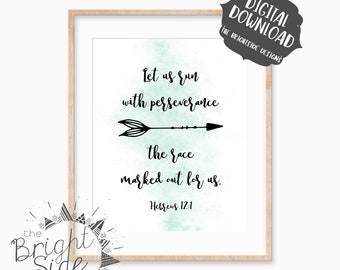 Let Us Run with Perseverance the Race Marked out for Us, Hebrews 12:1, Bible Verse Wall Art,  Scripture Printable, Digital Download