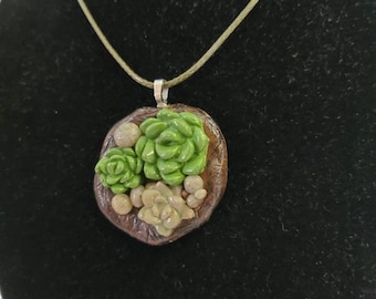 Succulent clay pendant with cord- One of a Kind!