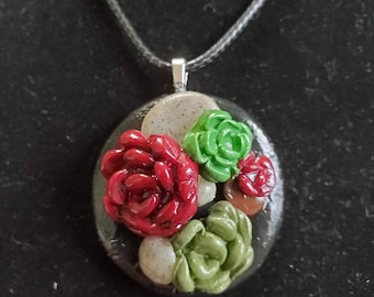 Succulent clay pendant with cord- One of a Kind!