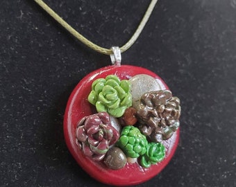 Succulent clay pendant with cord- One of a Kind!