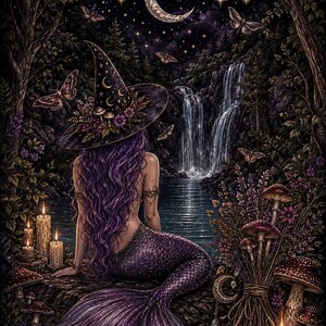 May include: A digital illustration of a mermaid with long purple hair wearing a pointed hat adorned with flowers and mushrooms. The mermaid sits by a waterfall at night under a crescent moon and stars, surrounded by candles, moths, and mushrooms.