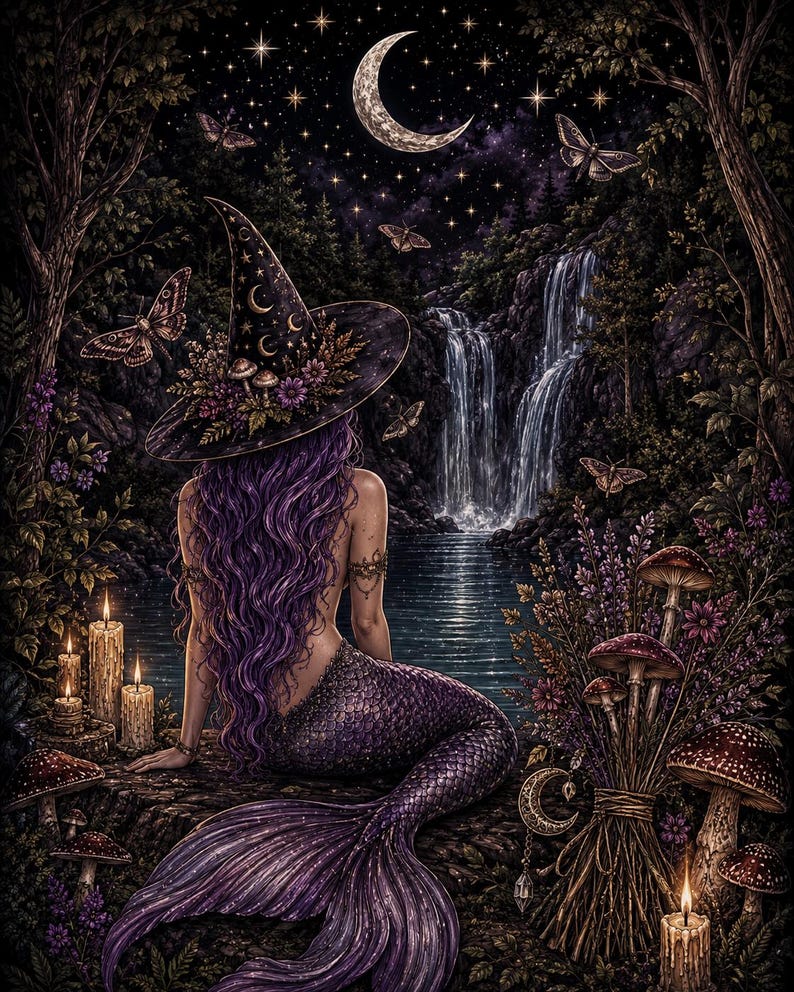 May include: A digital illustration of a mermaid with long purple hair wearing a pointed hat adorned with flowers and mushrooms. The mermaid sits by a waterfall at night under a crescent moon and stars, surrounded by candles, moths, and mushrooms.