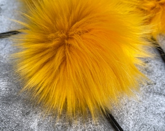 SAFFRON Luxury Faux Fur Pom-pom XL 6"+ earthy yellow Made in USA pompom Detachable poms snaps or toggle Luxe Cruelty free