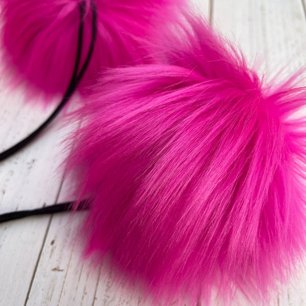 Fuschia Pink Luxury Faux Fur Pom-pom XL 6"+ made in USA pompom Detachable poms snaps or toggle LUXE soft Cruelty free vegan  vivid hot pink