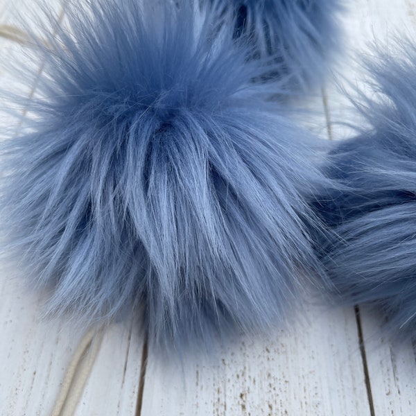 Dusty Blue Luxury Faux Fur Pom-pom XL 6"+  made in USA pompom Detachable poms snaps or toggle LUXE soft Cruelty free for knit crochet hat