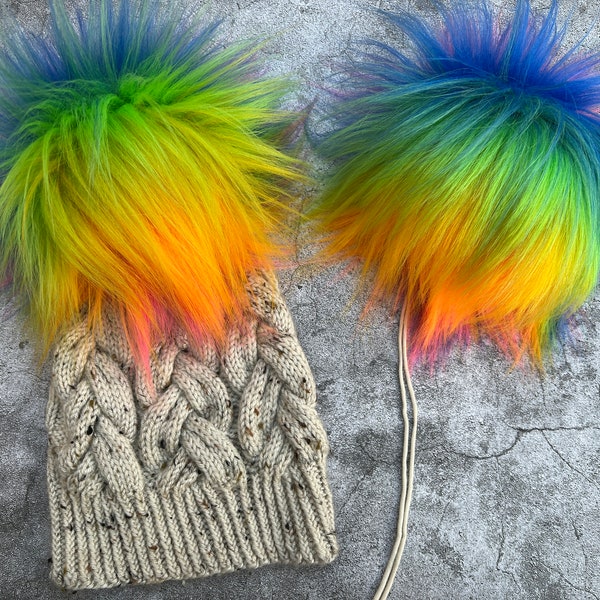 Insanely Huge 9"-10" neon Rainbow Faux Fur Pom-pom for knit or crochet Hats Super Long pile, lightweight and flowy Luxury Poms