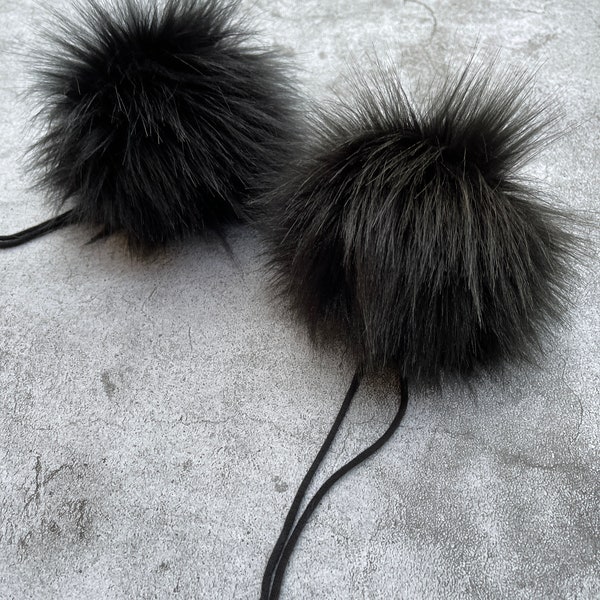 Black Luxury Faux Fur Pom-pom XL 6"+ made in USA pompom Detachable poms snaps or toggle LUXE soft Cruelty free vegan solid black