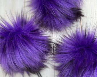 Purple Husky Luxury Faux Fur Pom-Poms XL 6"+ black tips soft Luxury Poms for Knit hats Animal Friendly fake fur made in USA snaps or toggle