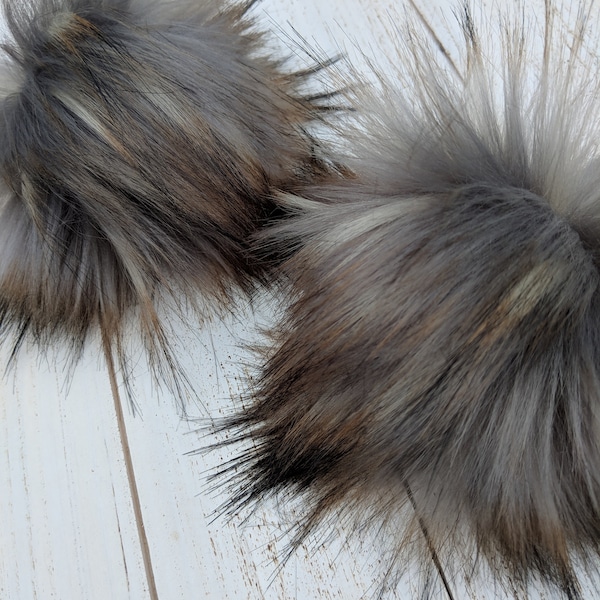 Eclipse Faux Fur Pom-Poms XL 6"+ Super soft Luxury Poms for Knit hats Animal Friendly FAKE fur made in USA Luxe Gray tan black tips snaps