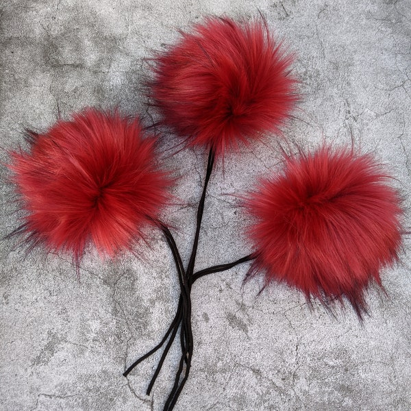 XL Ruby Faux Fur Poms 6"+ Super soft Luxury Pom-Poms for Knit hats Animal Friendly FAKE fur made in USA ready to ship snaps Red black tip