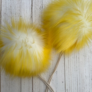 Yellow Tip White XL 6&quot; Luxury Faux Fur Pom-pom super soft made in USA pompom Detachable snaps or toggles LUXE cruelty free