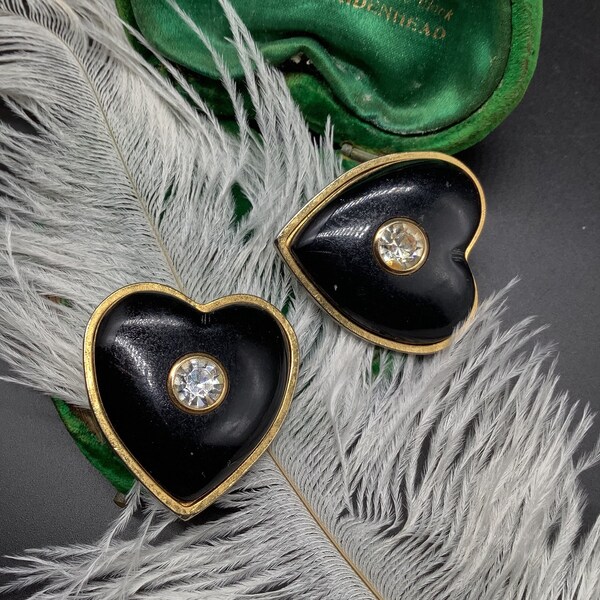 Oversize 1980s Runway Designer Brand Valentino singed Black Lucite Heart with Rhinestone Earrings Gold tone vintage Clip on Earrings