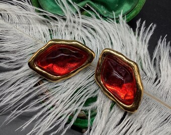 1996 Runway YSL Yves Saint Laurent singed Red Lucite Gripox style Earrings Gold tone vintage jelly belly Birthday Gift Idea