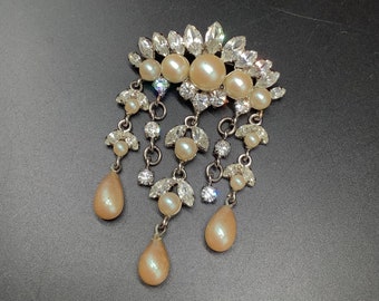 Vintage Roger Scemama for Christian Dior Crystal Edwardian Revival Manmade Pearl Clear Rhinestone Crystal Drop Brooch Pin UNSIGNED Gift Box