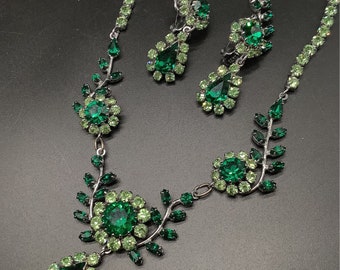 Austrain Set Green Emerald Glass Rhinestone Crystal Necklace and Earrings Set Signed Flower and Leaves Highly Collectable