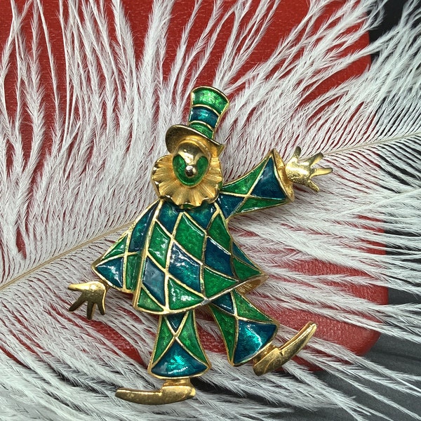 Vintage SIGNED and Number MB Marcel Boucher 1950s Gold Tone Green Enamel Clown Brooch Pin Gift Idea Book Piece Collectable