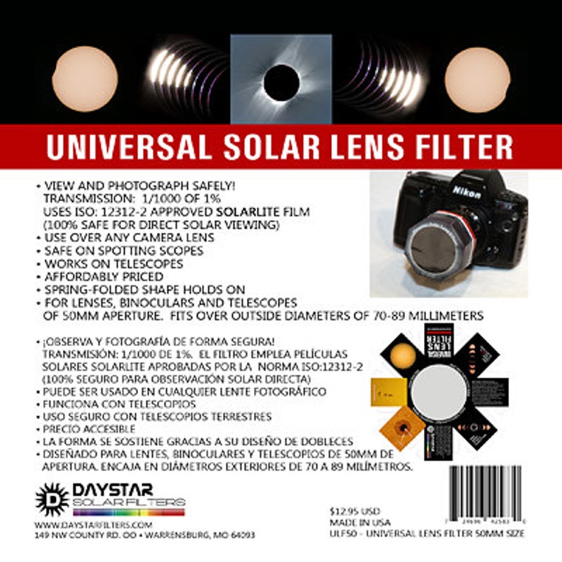 Universal Lens Filter 50mm Safe Solar Eclipse Universal Lens Filter for