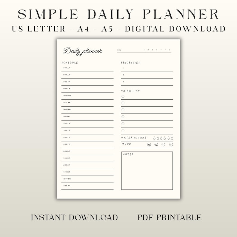 Simple Daily Planner Template &amp; Printable - Etsy UK
