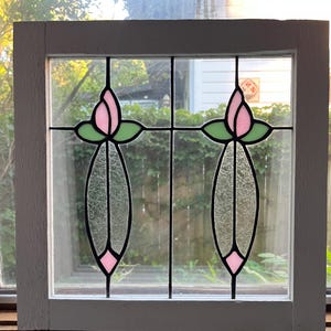 Stained glass window panel, two flowers, pink and green flowers