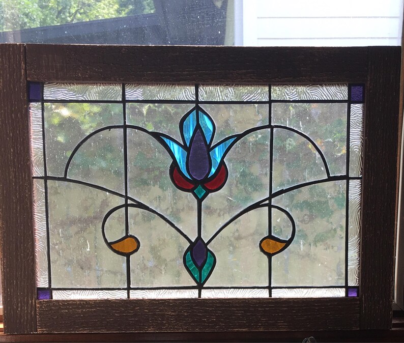 Vintage style Victorian stained glass window panel wood framed Etsy