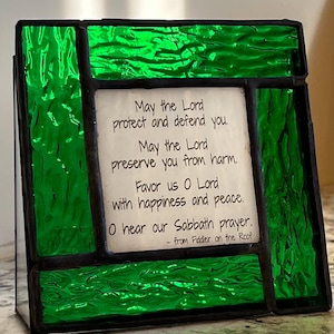 Fiddler on the Roof Sabbath prayer on green stained glass gift.