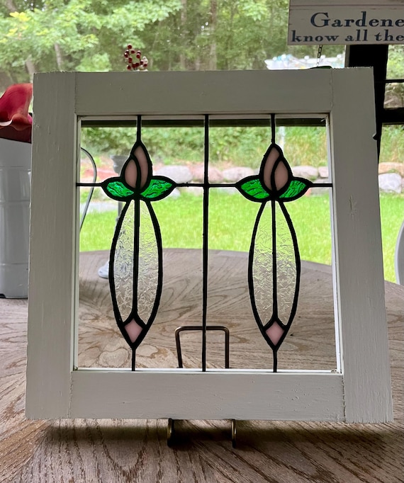 Stained Glass Window Panel, Pink Flowers, Green Leaves, White Cedar Frame